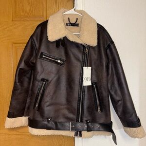 ZARA Brown Faux Leather Jacket with Cream Shearling